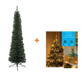 Komplet novogodišnja jelka Pencil Pine 210cm Everlands +  novogodišnje stepenaste LED lampice 8 nivoa 283 LED 240cm toplo bele